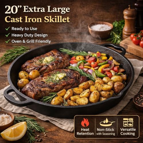 20" Cast Iron Skillet with Dual Handles, Pre-Seasoned Heavy-Duty Frying Pan for Grill, Stovetop, Oven & Campfire Cooking, Large Family-Size Pizza Pan & Outdoor Cookware (Black) - Image 3