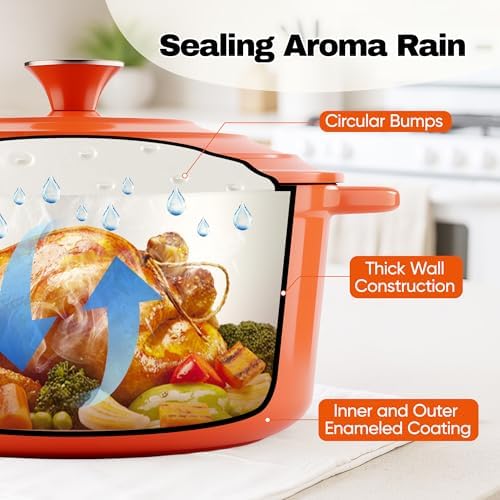 6 Quart Dutch Oven Pot with Lid, Non Stick Enameled Cast Iron Dutch Oven for Bread Baking, Heavy-Duty, Oven Safe Ceramic Cookware Up to 500°F for Baking, Braising, Stews, Roasting, Orange - Image 6