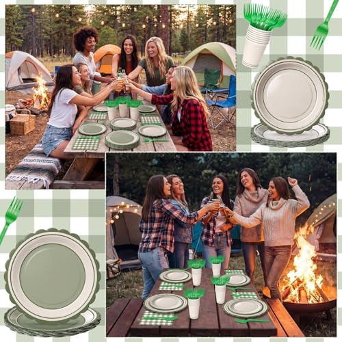 Havawish 144 Pcs Moss Green Camping Supplies Plates Napkins Forks Cups - Image 5