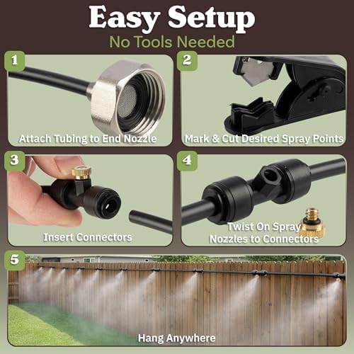 Water Mister Outdoor Patio Cooling System with 65ft Tubing, 20 Mist Nozzles, and 3/4” Standard Connector - DIY Plant Mister for Canopy, Garden, Greenhouse, Trampoline or Deck Umbrella by Pure Garden - Image 4