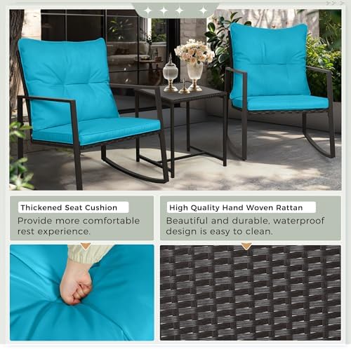 SUNCROWN 3 Piece Outdoor Rocking Bistro Set Black Wicker Furniture Porch Chairs Conversation Sets with Glass Coffee Table, Light Blue - Image 6