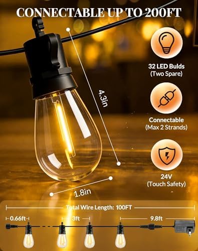 Outdoor String Lights Patio Light - 100Ft Outside Waterproof Dimmable Bulbs - Image 6