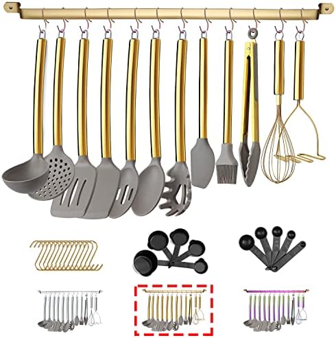 38 Piece Silicone kitchen Cooking Utensils Set with Utensil Rack, Silicone Head and Stainless Steel Handle Cookware, Kitchen Tools for Utensil Sets, Non-Stick kitchen Gadgets, Dishwasher Safe (Gold) by HOMQUEN