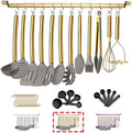 38 Piece Silicone kitchen Cooking Utensils Set with Utensil Rack, Silicone Head and Stainless Steel Handle Cookware, Kitchen Tools for Utensil Sets, Non-Stick kitchen Gadgets, Dishwasher Safe (Gold) by HOMQUEN