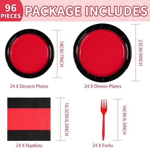 Grencian 96Pcs Red and Black Birthday Party Decorations, Serves 24 - Image 2