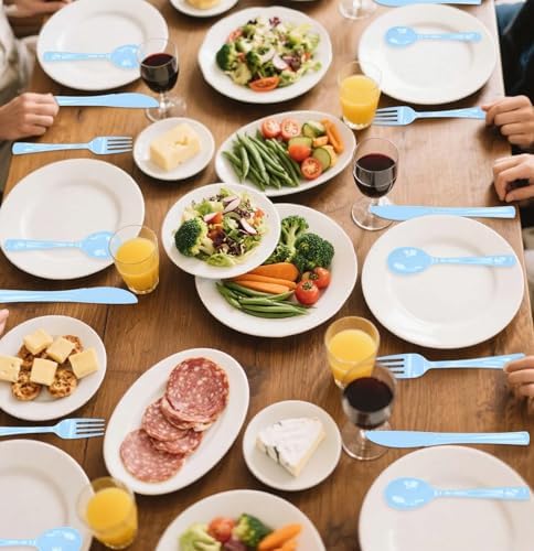 SietDESEO 50 PCS Light Blue Plastic Spoons Disposable Utensils Heavy Duty Baby Blue Spoons Disposable Cutlery for Birthday Wedding Baby Shower Bridal Shower Plastic Silverware - Image 7