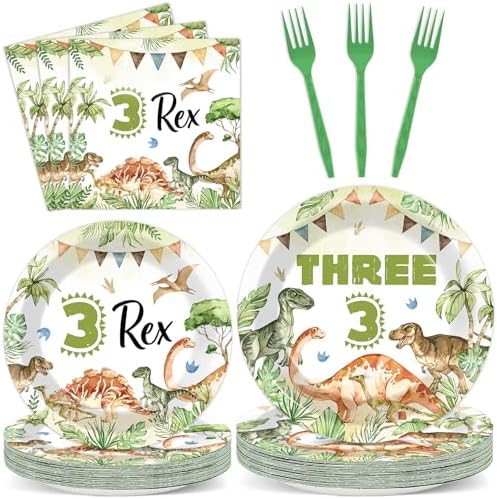 96PCS Dinosaur 3rd Birthday Party Paper Plates and Napkins and Forks Set Watercolor Dino Rex Tableware Set Three Rex Theme Dinnerware Paper Plates for Kids Birthday Gatherings Decorations by Oitnlaughter