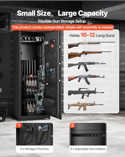 VEVOR 10-12 Gun Safe, Long Gun Cabinet for Rifles and Pistols, Quick Access Rifle Safe with 4 Pistol Pockets and 3 Adjustable Racks, Large Digital Cabinet with Key and Password Lock(Assembly Required) - Image 2