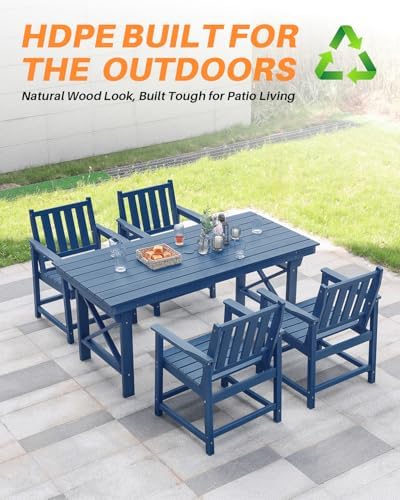 HDPE Outdoor Dining Table, 66.9” Rectangle Patio Dining Table for 6, All-Weather HDPE Outdoor Table with 2.2” Umbrella Hole, HDPE Patio Furniture for Deck, Backyard, Garden, Pool, Navy - Image 5