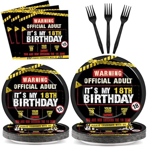 96 PCS Caution Logos 18th Birthday Party Paper Plates and Napkins 18 Years Old Party Decoration Warning Themed Official Adult 18th Dinnerware for Boys Girls 18 Year Old Birthday Gatherings Decorations by Oitnlaughter