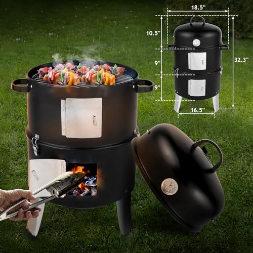 Outvita Vertical 18.5 Inch Steel Charcoal Smoker, 3-in-1 Portable Grill - Image 3