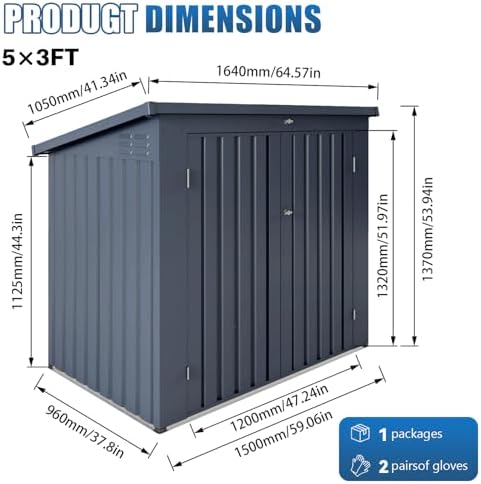 Outdoor Storage Shed with Dual Doors & Removable Top Lid, Metal Garden Tool Shed, Weather Resistant Waterproof Trash Can Bike Storage Organizer with Ventilation Sloped Roof Yard Utility Box - Image 2