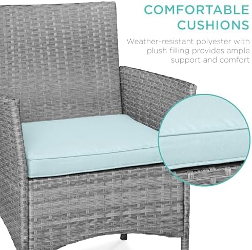 Best Choice Products 3-Piece Outdoor Wicker Conversation Bistro Set, Space Saving Patio Furniture for Garden w/Side Table - Gray/Pastel Blue - Image 4