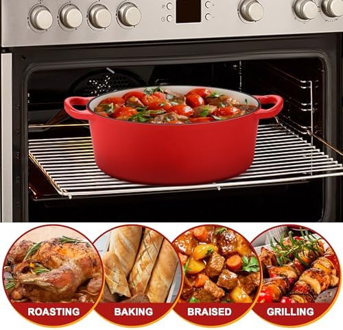 E-far 7QT Oval Dutch Oven Pot with Lid, Red Enameled Cast Iron Dutch Oven - Image 4