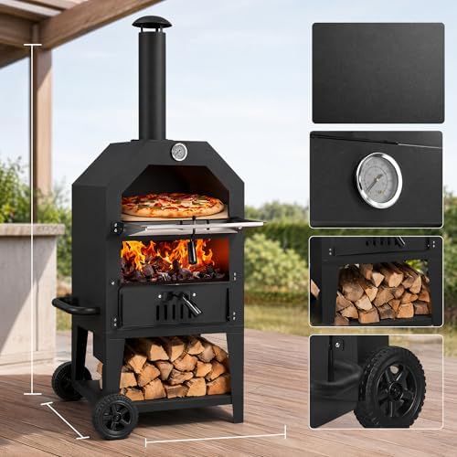 Outdoor Pizza Oven, Wood Fired Portable 550°F Pizza Maker with Stone, Peel, Grill Rack for Patio Backyard Camping,Black - Image 5