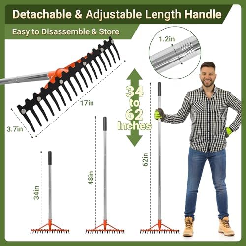 62 Inch Garden Rake with 17 Tempered Spring Steel Tines - Image 5