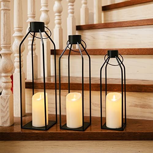 HPC Decor 22'' 19'' 16'' Lanterns Decorative w/Flickering Timer Candles- Tall Large Black Metal Candle Lanterns Set of 3- Modern Farmhouse Decor for Indoor,Outdoor,Tabletop,Porch (No Glass) - Image 2