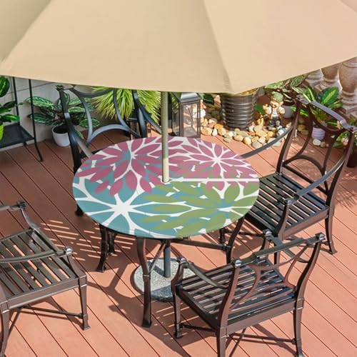 Round Tablecloth with Umbrella Hole and Zipper Elastic Fitted Table Cloth 36"-44" Oil-Proof Waterproof Patio Table Cover for Outdoor Picnic Party, Spring Summer Geometric Elegant Pink Green - Image 7