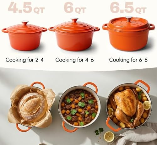 6 Quart Dutch Oven Pot with Lid, Non Stick Enameled Cast Iron Dutch Oven for Bread Baking, Heavy-Duty, Oven Safe Ceramic Cookware Up to 500°F for Baking, Braising, Stews, Roasting, Orange - Image 3