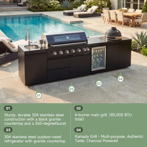 115'' Propane Gas Outdoor Kitchen Island with Kamado Charcoal Grill Fridge - Image 5