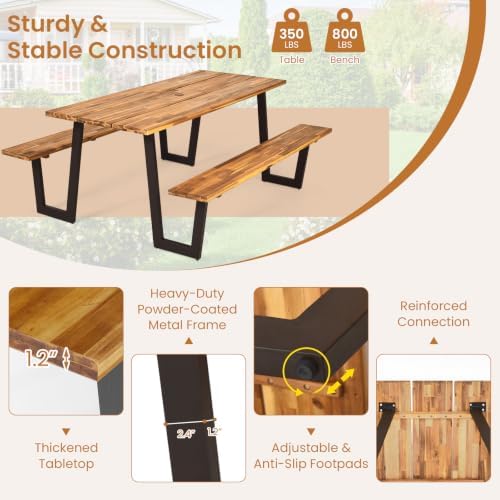 ORALNER Acacia Wood Picnic Table Bench Set w/2“ Umbrella Hole, 6-8 Person - Image 4