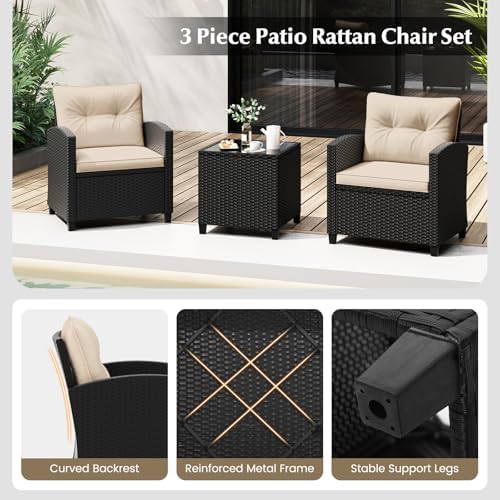 Tangkula 3 Piece Patio Furniture Set, Rattan Conversation Set w/Soft Seat & Back Cushions, Tempered Glass Topped Coffee Table, Cushioned Wicker Seating Set for Backyard, Porch, Poolside (Beige) - Image 7