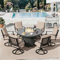 7 Piece Metal Outdoor Patio Furniture Set with 48"/55000 BTU Round Fire Pit Table,Outdoor Dining Table Set 6 Swivel Chairs No-Slip Cushions and Waterproof Covers,Sand by TrumbeakFurniture
