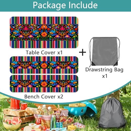 Mexico Picnic Table Cover with Bench Covers and Bag, Camping Essentials, Cinco De Mayo Fiesta Stripes Fitted Table Cover, 6ft Outdoor Tablecloth Waterproof Windproof with Elastic Edge 3 PCS 30x60 Inch - Image 6