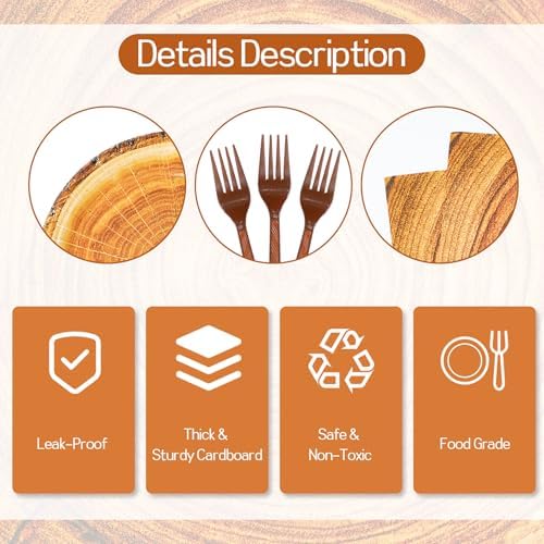 96Pcs Rustic Wood Grain Slice Paper Tableware Set for 24 Guests - Image 4