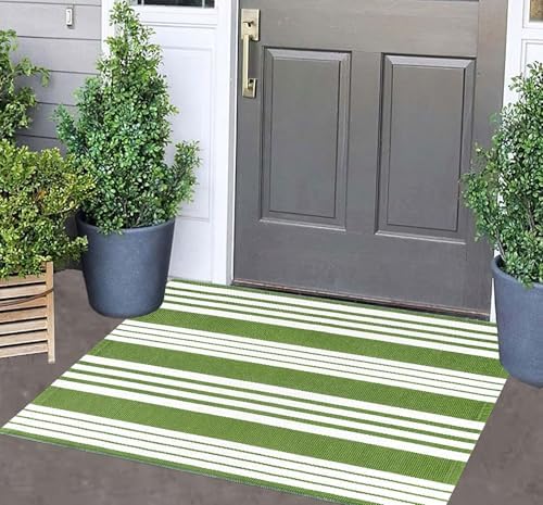 Green and White Striped Rug 24"x35"Cotton Door Mat Outdoor For Welcome Mats - Image 6
