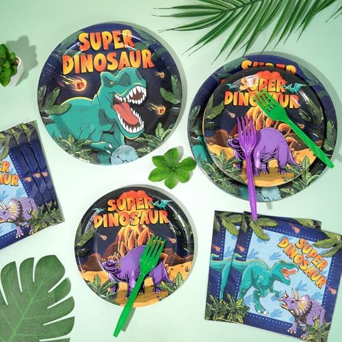96 Pcs Super Dinosaur Plates and Napkins for Dinosaur Birthday Party Supplies Dino Movie Theme Paper Dessert Plates and Napkins Jungle Dino Tableware Set for Kids Boys 24 Guests Party Decorations - Image 5
