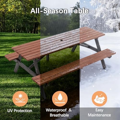 Brown 75" Rectangular Wooden Picnic Table for Outdoors - Image 7