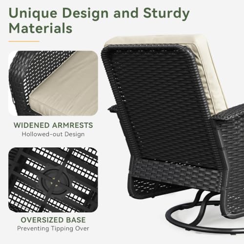 Aoxun 3 Pieces Patio Furniture Set, Patio Swivel Rocker Chairs Set of 2, Wicker Outdoor Bistro Set with Rocking Chair, Thickened Cushions and Table for Porch (Beige) - Image 5