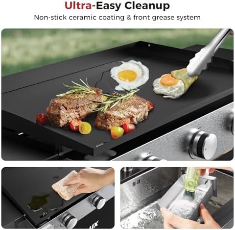 CAMPLUX Propane Griddle Flat Top, 3-Burner Gas Griddle with 3mm Thick Non-Deformable Plate & Ceramic Non-Stick Coating, 33,000 BTU Outdoor Cooking Station with Wheels and Side Shelves for Camping - Image 6