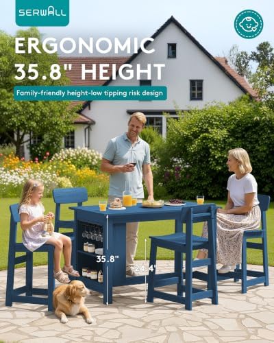 SERWALL 3-Piece Outdoor HDPE Counter-Height Bar Set with 2 Stools, Blue - Image 4