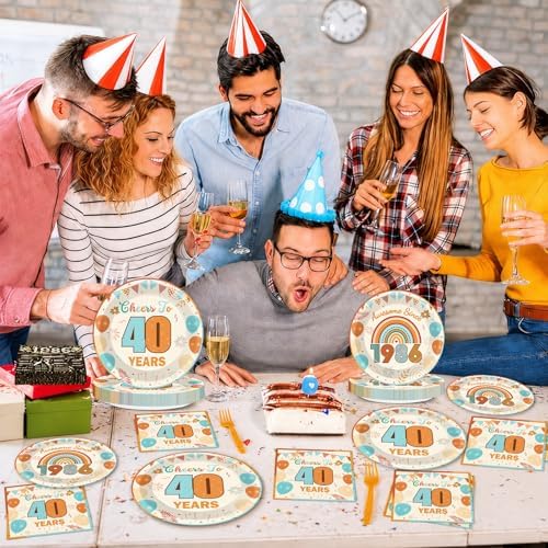 96Pcs Boho 40th Party Paper Plates and Napkins 50th Birthday Party Decorations Blue Back in 1986 Paper Plates Cheers to 40 Years Disposable Tableware for Women Men Birthday Gatherings Decorations - Image 4