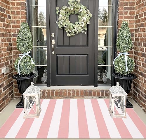 BUAGETUP Washable Outdoor Rug 3'x 5'Pink and White Striped Area Rug - Image 7