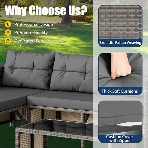 Vongrasig 3 Pieces Patio Furniture Sets, All-Weather Wicker Outdoor Sofa Couch Sectional Set, Small Conversation Set for Patio, Garden w/Cushion, Glass Table, (Grey) - Image 4