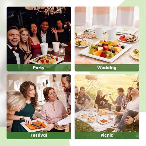 Havawish 100 Pcs Compostable Paper Plates and Bowls Set for 25 Guests, 10in & 8in Heavy Duty Sugarcane Disposable Plates 12 oz Biodegradable Cups and Paper Bowls, Party Camping Picnic(white) - Image 6