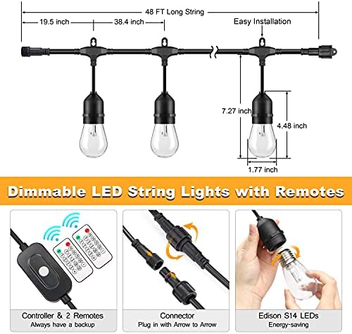 Mlambert 3 Color Outdoor LED Dimmable String Lights with Remote 48FT, Black - Image 6
