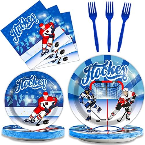 Wiooffen 96pcs Hockey Plates and Napkins Party Supplies Ice Hockey themed Birthday Party Decorations Set Disposable Tableware Kit Hockey Fans Birthday Party Sport Events Favors for Kids, Serve 24 by Wiooffen