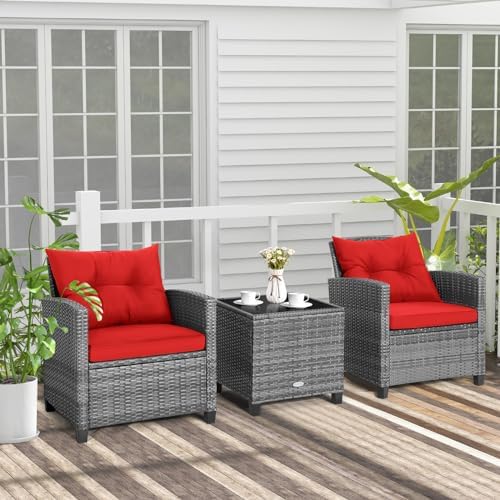 Tangkula 3 Pieces Patio Furniture Set, Outdoor PE Rattan Conversation Chair Set with Tempered Glass Side Table and Removable Cushions, PE Wicker Chairs and Table Set for Porch, Balcony and Garden - Image 3
