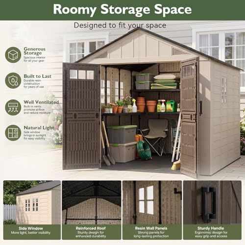 Aoxun 8x10 Ft Outdoor Storage Shed with Floor, Large Resin Outdoor Shed with Lockable Door & Windows, Garden HDPE Sheds for Lawn Tools, Pool Supplies & Bikes - Image 6