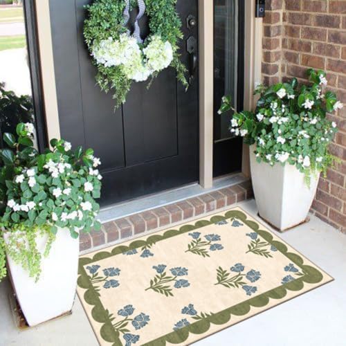Front Door Mat Outside Entrance - 2x3 Floral Non-Slip Washable Doormat Indoor Outdoor Door Mat Sage Blue Floral Entry Rug Small Throw Rugs for Entryway Kitchen Front Porch Decor - Image 4