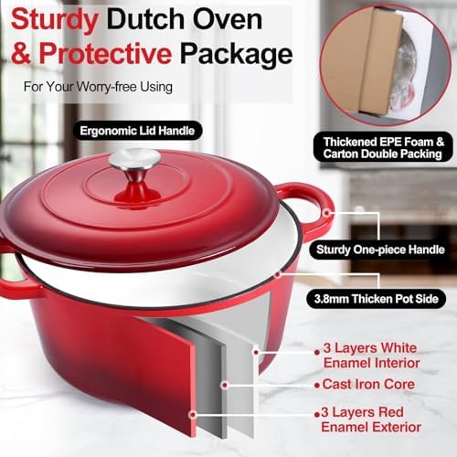 P&P CHEF 6QT Enameled Dutch Oven, Dutch Oven Pot for Bread Baking, Red - Image 3