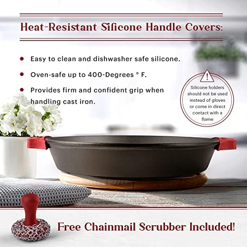 Cuisinel Cast Iron Skillet + Chainmail Scrubber - 15"-Inch Pre-Seasoned Dual Handle Braiser Frying Pan + Silicone Handle Covers - Oven, Grill, Stovetop, Fire, Kitchen Cookware - Indoor/Outdoor Use - Image 4