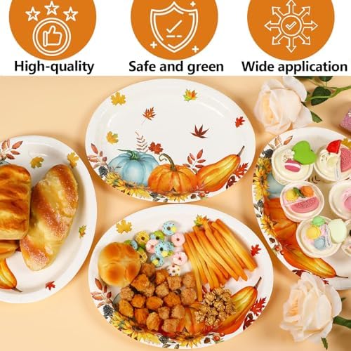 Qyeahkj 50PCS Fall Thanksgiving Oval Paper Plates Thanksgiving Heavy Duty Disposable Dinner Plates Fall Party Decorations Large 11'' Maple Leaves Pumpkin Party Supplies Autumn Tableware Set - Image 3