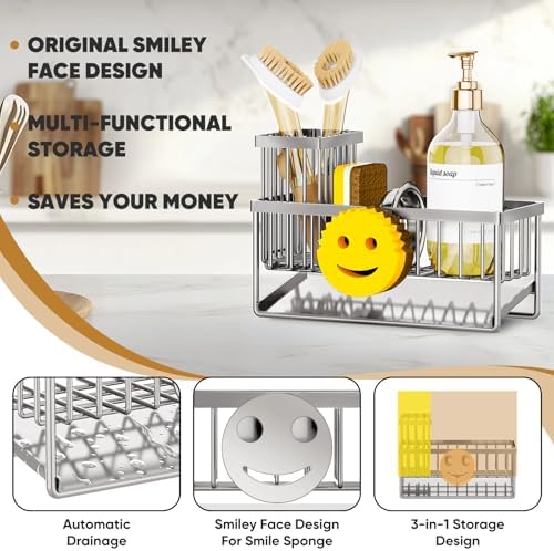 Sponge Holder for Kitchen Sink,Smiley Face Sink Caddy with Removable Brush Holder,Self-Draining Sponge Caddy for Soap,Dish Brush,Scrubber,Kitchen Essentials and Gadgets-Silver - Image 3