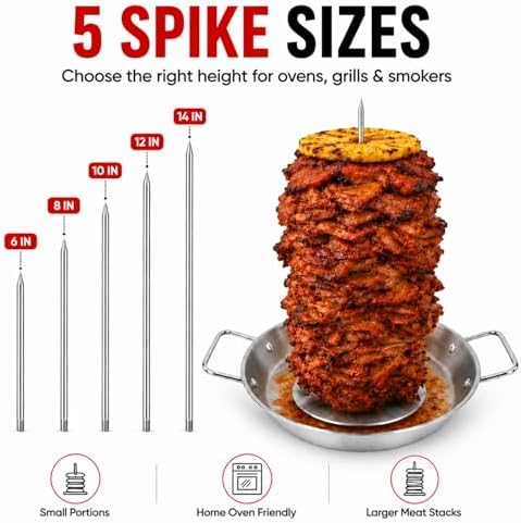Al Pastor Skewer for Grill, 10 Inch Stainless Steel Vertical Skewer Pan with 5 Spikes, Grease Separator Tray, Tongs, Gloves & Basting Brushes, Shawarma Gyro Kebab Stand for Oven Smoker BBQ - Image 2