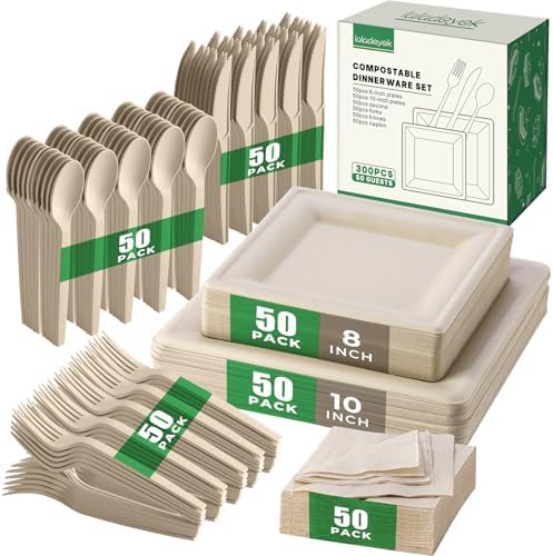 300Pcs Disposable Paper Plates Set, Compostable Plate Sugarcane Utensils Eco Friendly Dinnerware Kit Includes 50 Biodegradable Plates, Forks, Knives Napkins and Spoons for Brithday Party Camping by Laladeyek